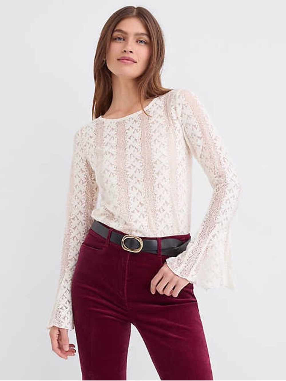 LOFT Women’s Cream Lace Flowy Blouse Bell Sleeve Sleeve Top